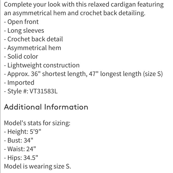 New w/tags Vertigo long sleeved crochet cardigan - Picture 6 of 6